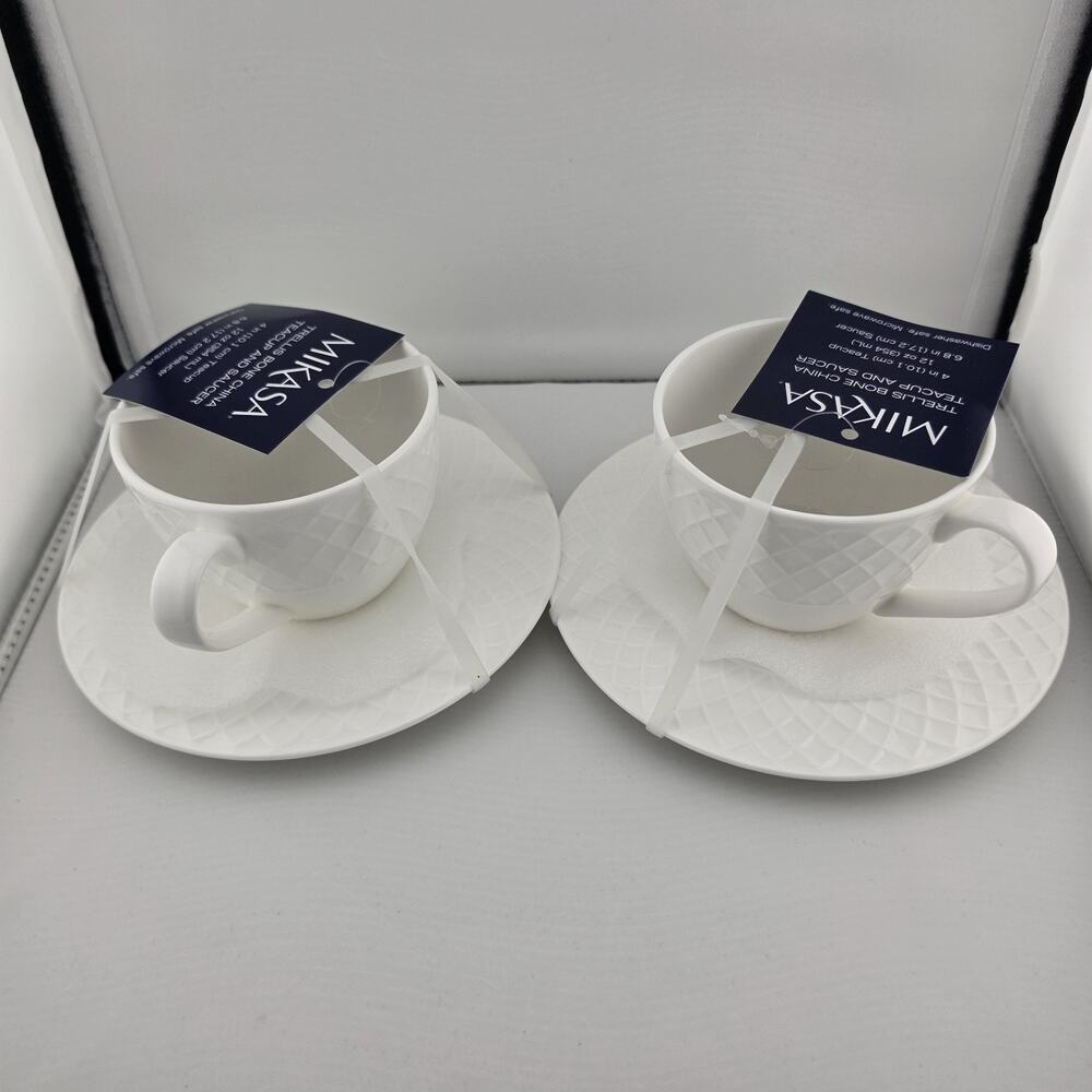 Mikasa Trellis Bone China Tea Cup & Saucer Set White 12 oz Handle Set